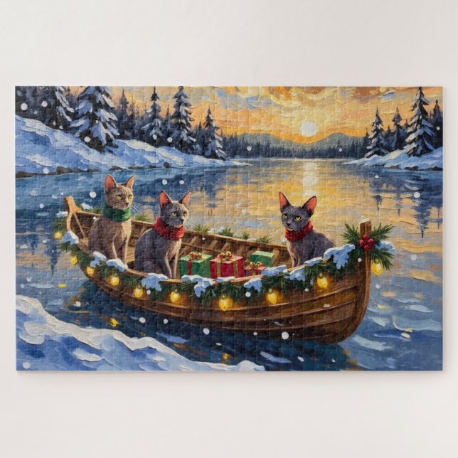 Sphynx Cat Christmas Boat Holiday Jigsaw Puzzle (Horizontal)