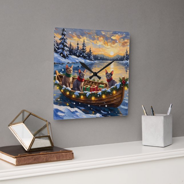 Sphynx Cat Christmas Boat Holiday Square Wall Clock (Office)
