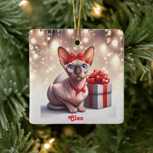 Sphynx Cat Christmas Ceramic Ornament (Tree)