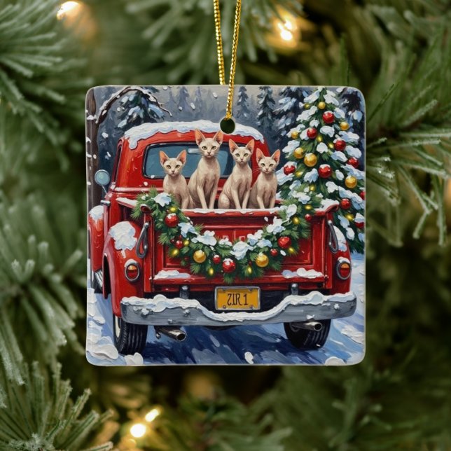 Sphynx Cat Christmas Red Truck Holiday Ceramic Ornament (Tree)