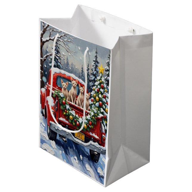 Sphynx Cat Christmas Red Truck Holiday Medium Gift Bag (Front Angled)