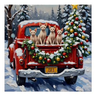 Sphynx Cat Christmas Red Truck Holiday Poster