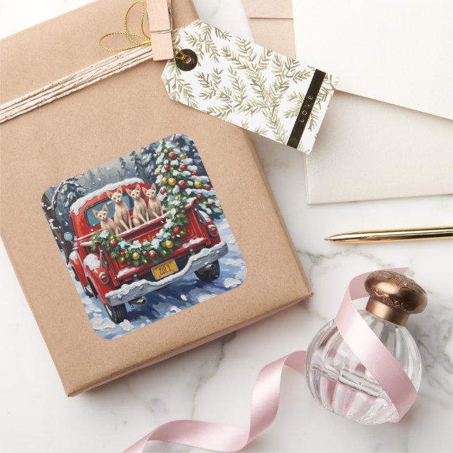 Sphynx Cat Christmas Red Truck Holiday Square Sticker (Gifting)