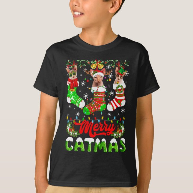 Sphynx Cat Christmas Santa Hat Scarf Holiday Cute T-Shirt (Front)