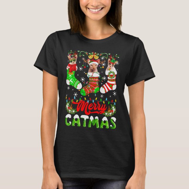 Sphynx Cat Christmas Santa Hat Scarf Holiday Cute T-Shirt (Front)