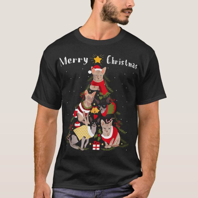 Sphynx Cat Christmas Tree Xmas Cat Lover T-Shirt (Front)