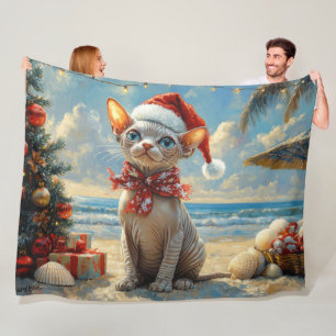 Sphynx Cat Christmas Vintage Beach Fleece Blanket
