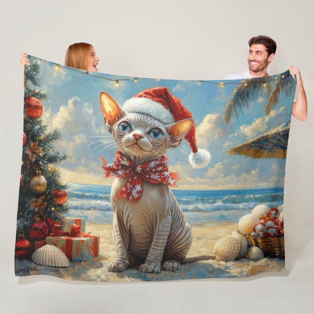 Sphynx Cat Christmas Vintage Beach  Fleece Blanket (In Situ)