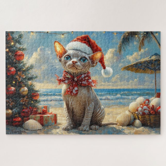 Sphynx Cat Christmas Vintage Beach  Jigsaw Puzzle (Horizontal)