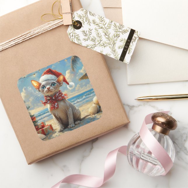 Sphynx Cat Christmas Vintage Beach  Square Sticker (Gifting)