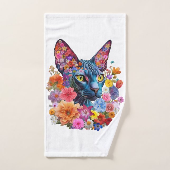 Sphynx Cat Floral Hand Towel Flowers  (Hand Towel)