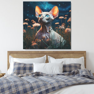 Sphynx Cat Gazing Sky – Vibrant Floral Art Canvas Print