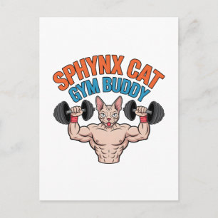Sphynx Cat Gym Buddy Muscular Cartoon Art Postcard