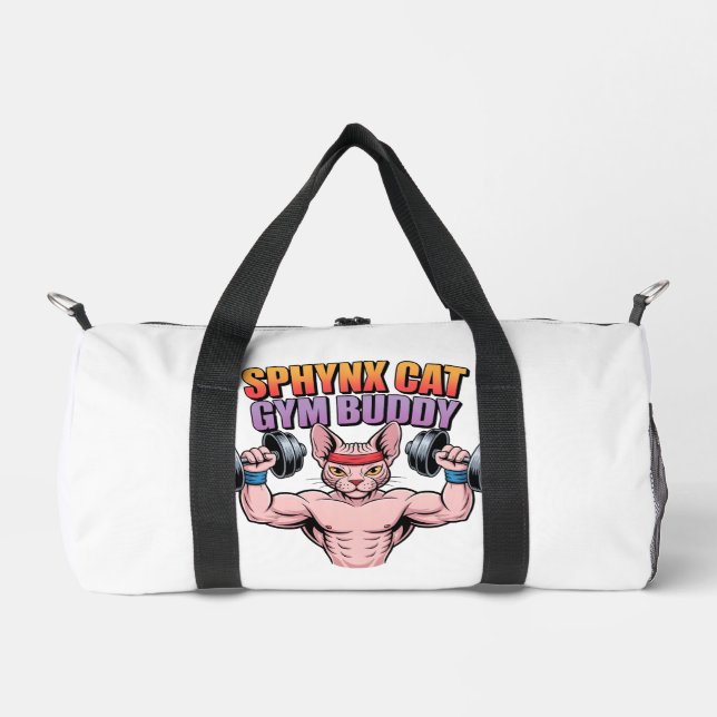 Sphynx Cat Gym Buddy Muscular Cartoon Duffle Bag (Front)