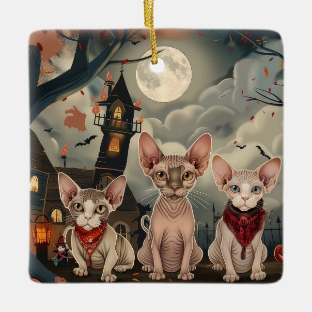 Sphynx Cat Halloween Spooky Ceramic Ornament (Front)