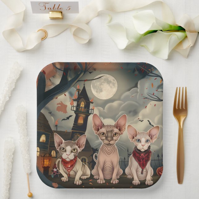 Sphynx Cat Halloween Spooky Paper Plate (Wedding)