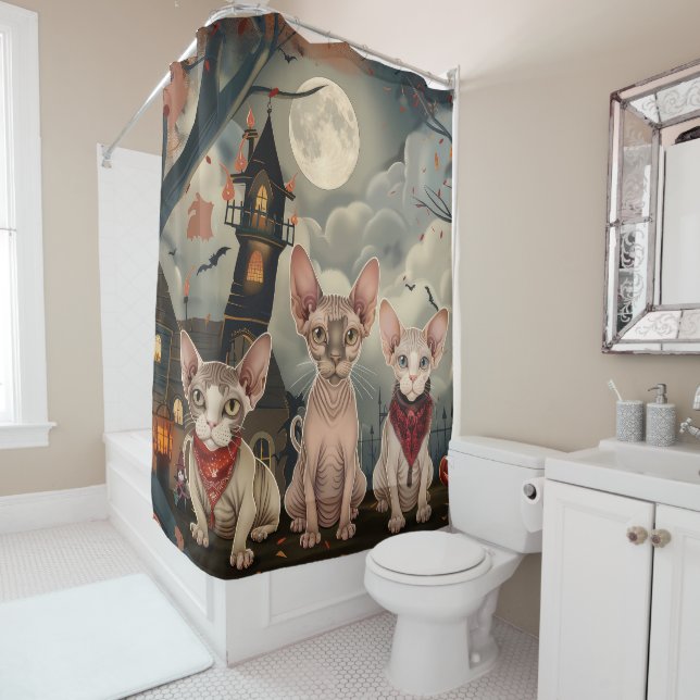 Sphynx Cat Halloween Spooky Shower Curtain (In Situ)