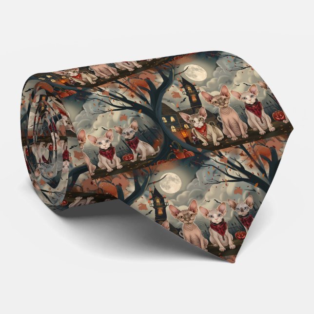 Sphynx Cat Halloween Spooky Tie (Rolled)