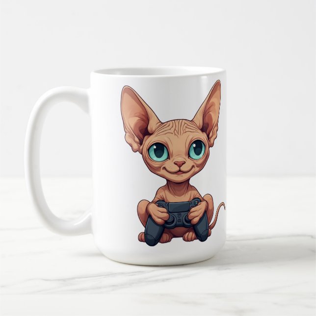 Sphynx Cat Holding Game Controller Coffee Mug (Left)