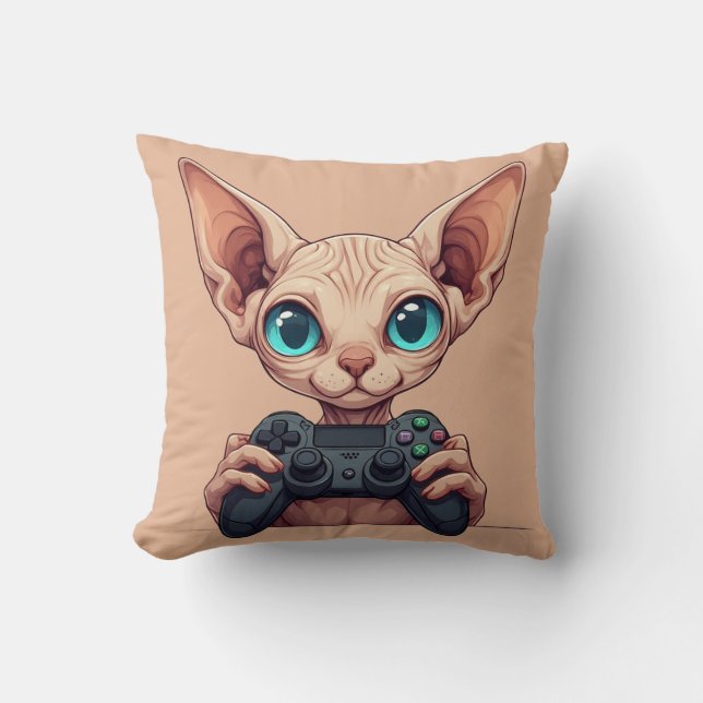 Sphynx Cat Holding Game Controller Cushion (Front)
