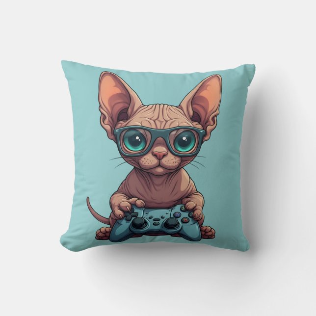 Sphynx Cat Holding Game Controller Cushion (Front)