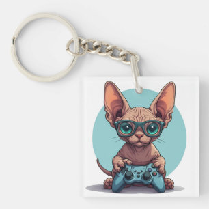 Sphynx Cat Holding Game Controller Key Ring