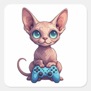 Sphynx Cat Holding Game Controller Square Sticker