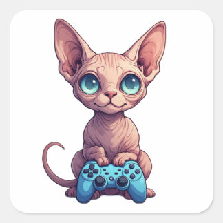 Sphynx Cat Holding Game Controller Square Sticker
