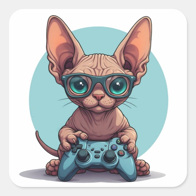 Sphynx Cat Holding Game Controller Square Sticker (Front)
