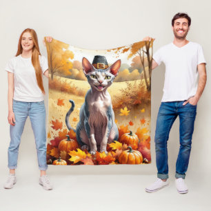 Sphynx Cat In Autumn Leaves Thanksgiving Art Fleece Blanket