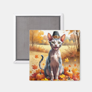 Sphynx Cat  In Autumn Leaves Thanksgiving Art Magnet