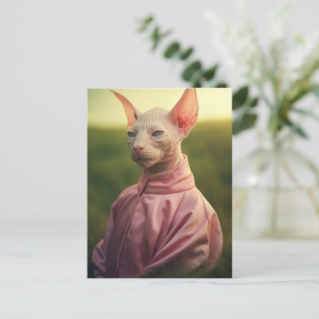 Sphynx Cat in Outfit – Playful Nature Art Postcard (Standing Front)