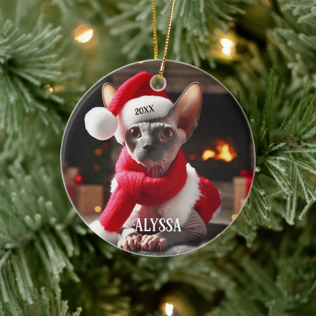 Sphynx Cat in Santa Hat Christmas Ceramic Tree Decoration (Tree)