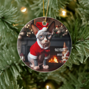 Sphynx Cat in Santa Hat Christmas Ceramic Tree Decoration