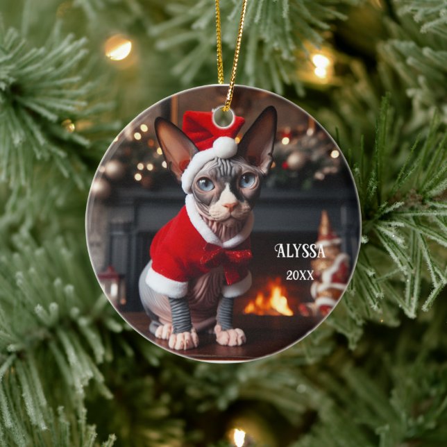 Sphynx Cat in Santa Hat Christmas Ceramic Tree Decoration (Tree)