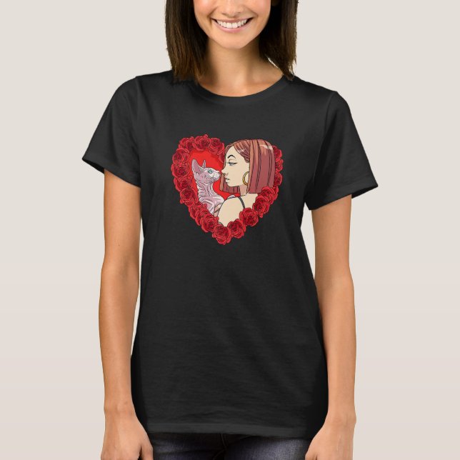 Sphynx Cat Mum Valentine Day Cat Lady Heart Roses  T-Shirt (Front)