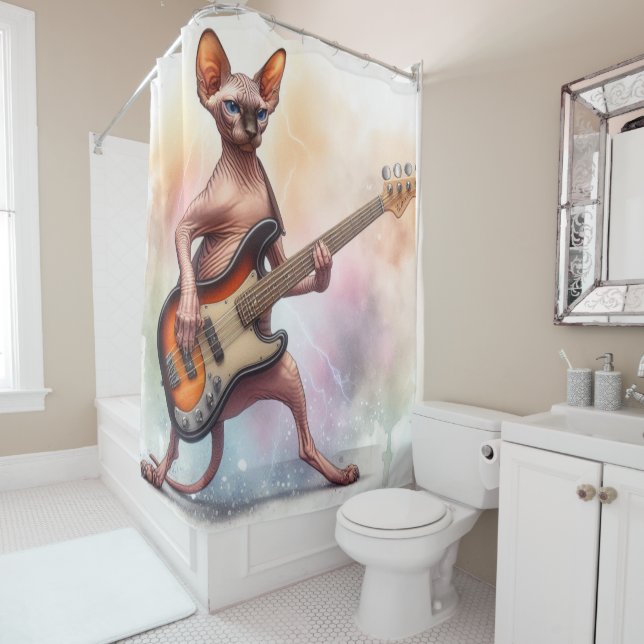 Sphynx Cat Playing Bass Guitar Shower Curtain (In Situ)