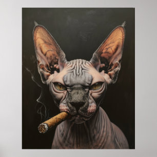 Sphynx Cat Portrait with Cigar - Funny Animal Post Poster