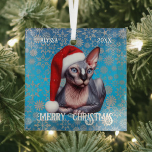 Sphynx Cat Pretty Blue Christmas Glass Tree Decoration