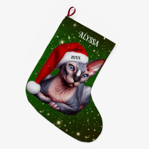 Sphynx Cat Pretty Green Christmas Large Christmas Stocking