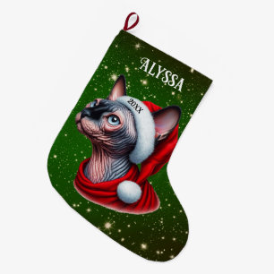 Sphynx Cat Pretty Green Christmas Large Christmas Stocking