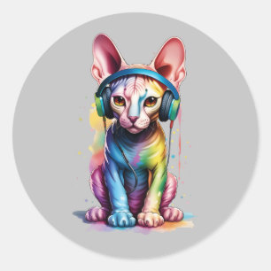 Sphynx Cat Rainbow Headphones Classic Round Sticker