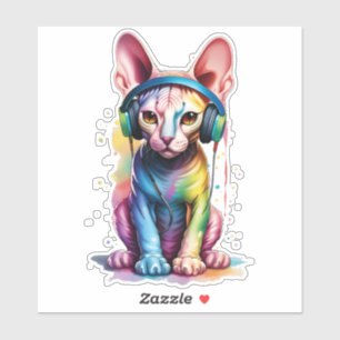 Sphynx Cat Rainbow Headphones Custom Cut Sticker