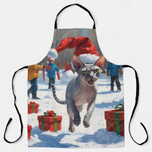 Sphynx Cat Running in Snow with Christmas Hat Apron
