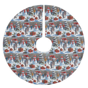 Sphynx Cat Running in Snow with Christmas Hat Brushed Polyester Tree Skirt