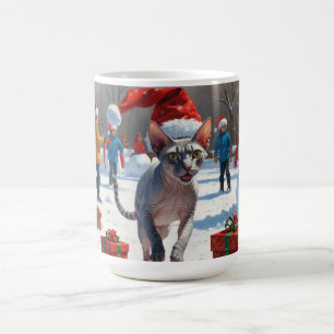 Sphynx Cat Running in Snow with Christmas Hat Coffee Mug