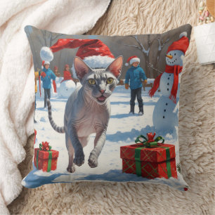 Sphynx Cat Running in Snow with Christmas Hat Cushion