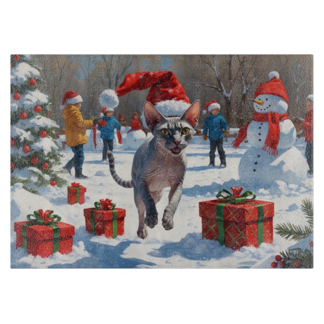 Sphynx Cat Running in Snow with Christmas Hat Cutting Board (Front)