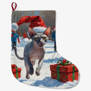 Sphynx Cat Running in Snow with Christmas Hat Large Christmas Stocking