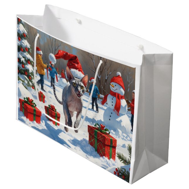 Sphynx Cat Running in Snow with Christmas Hat Large Gift Bag (Front Angled)